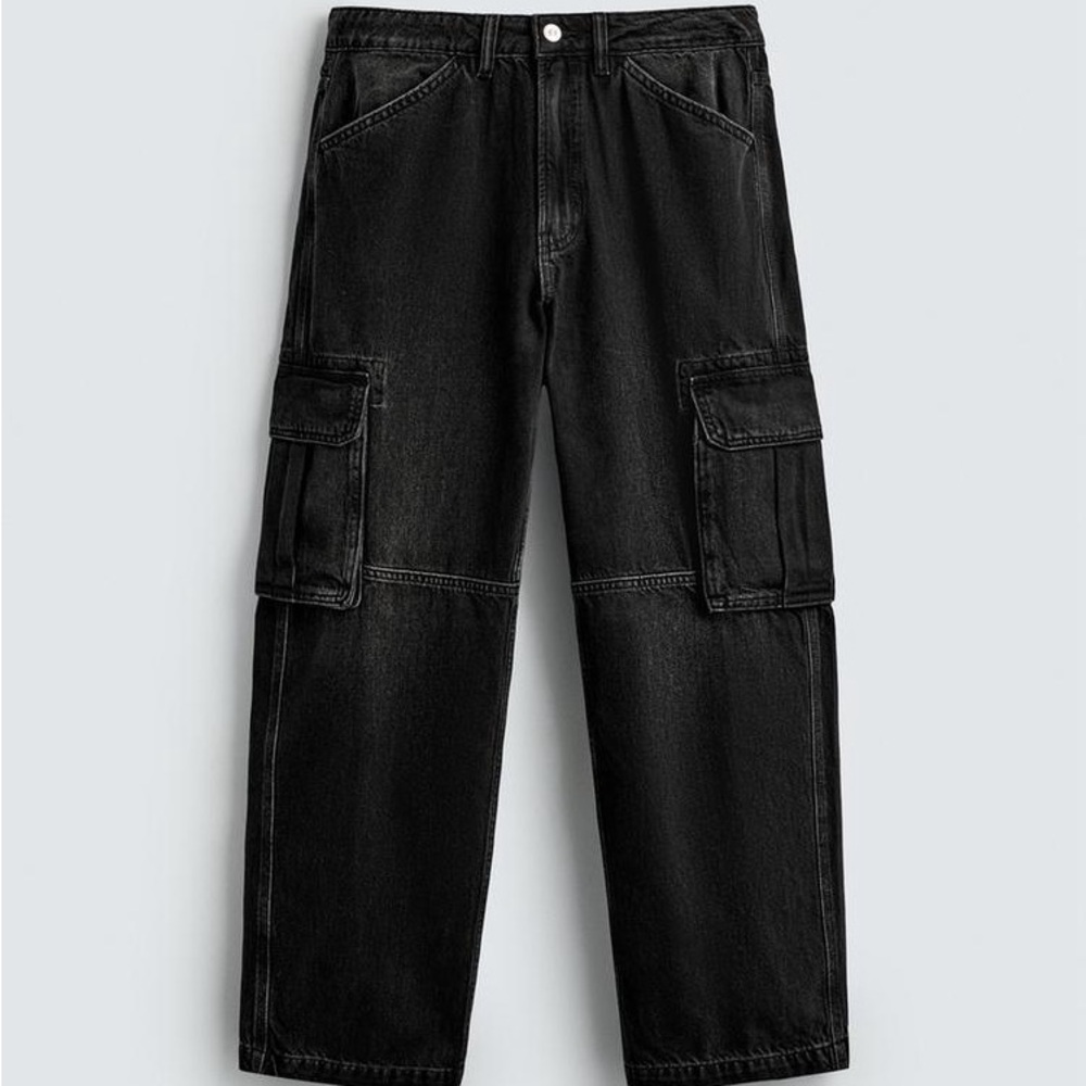 Zara Black Washed Cargo Straight Leg Jean Pants Size 40/31